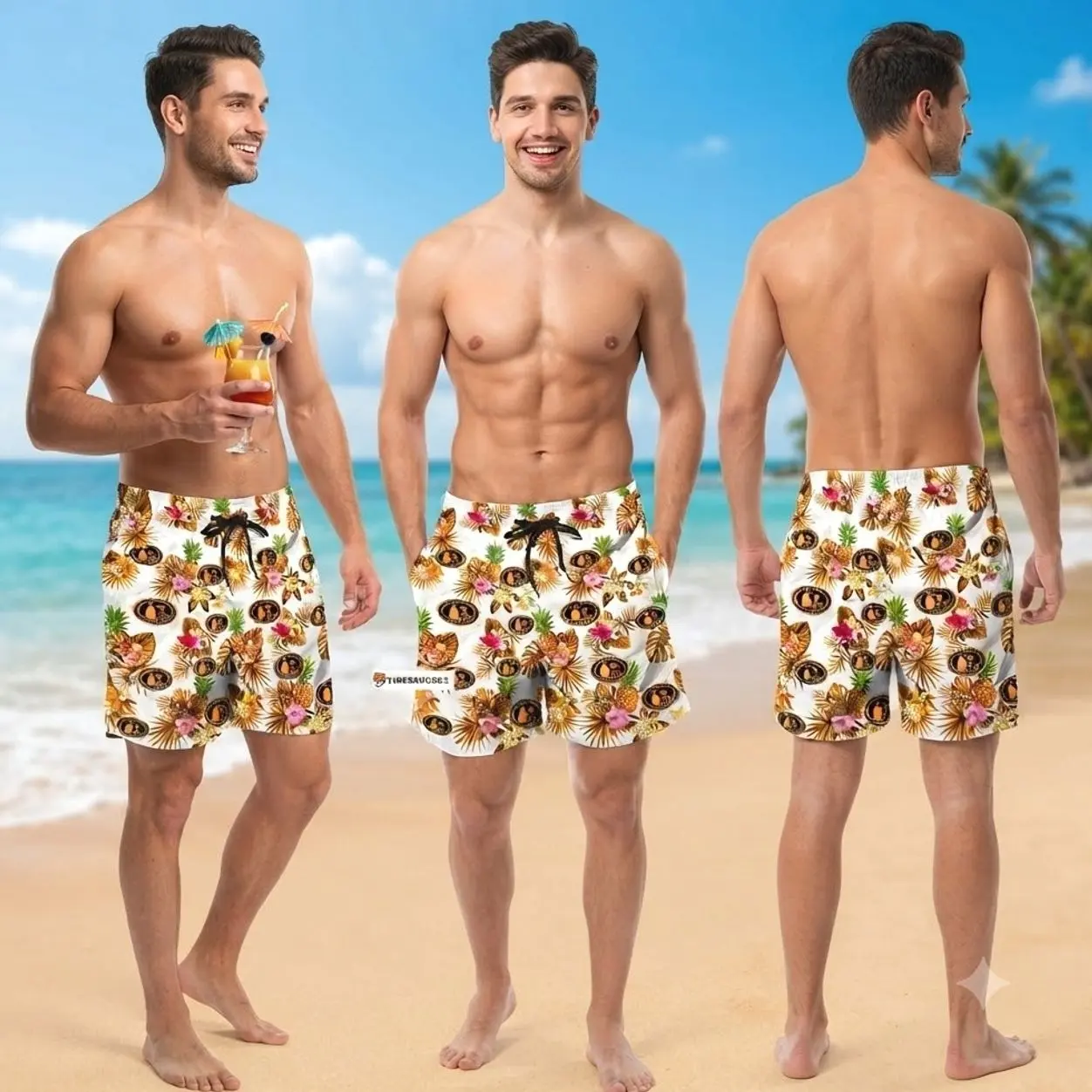 Tito's Vodka Hawaiian Board Shorts, Tropical Pineapple Floral Swim Trunks, White Beach Shorts, Summer Apparel