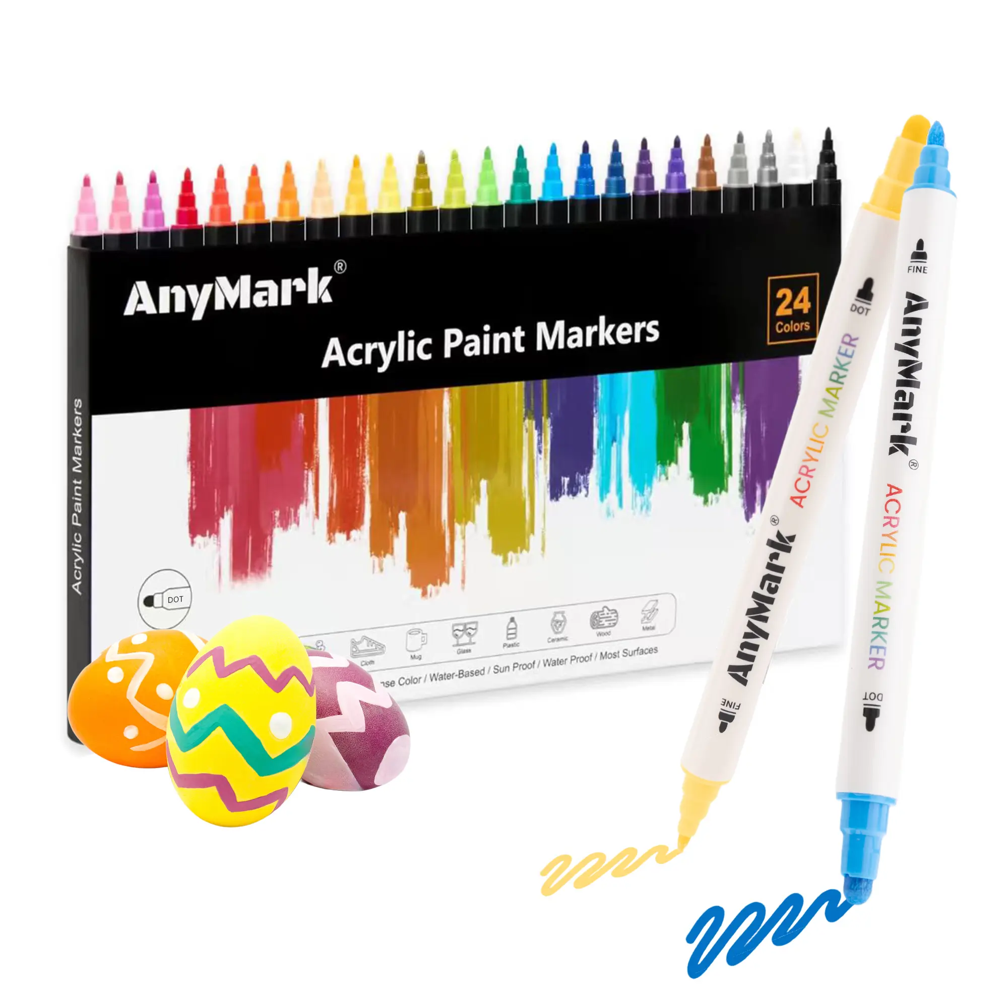 AnyMark 24-Color Dual-Tip Premium Acrylic Paint Markers - Highly Pigmented Artistic Tools for Adults, Fast-Dry for Layered Art, Fast or Fine Lines, Smooth Ink Office Art Supplies for Stone, Canvas