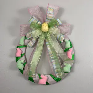 Easter Bunny Wreath with Bow - Floral Design, Green and Pink Colors, Ideal for Easter Celebrations