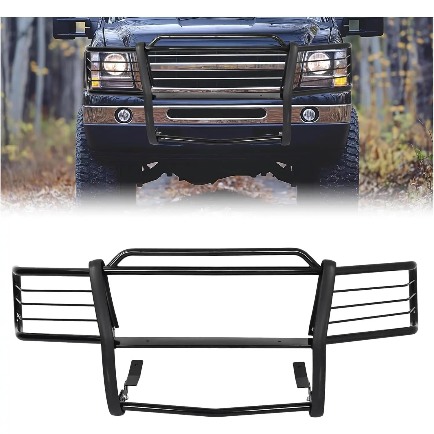 KQQIO Front Bumper Brush Guard - Bolt-On Powder Coat Gloss Black Steel Impact Absorber with Crash Protection, Front Guarding & HD Fitment for 2000-2002 Chevy Silverado & GMC Sierra 2500 3500 HD Steel Frame