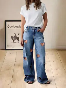 Women's Heart Pattern Denim Jeans, Denim Bottom, Loose-Fit Casual Style, All-Season Wearable, Perfect for Dating & Daily