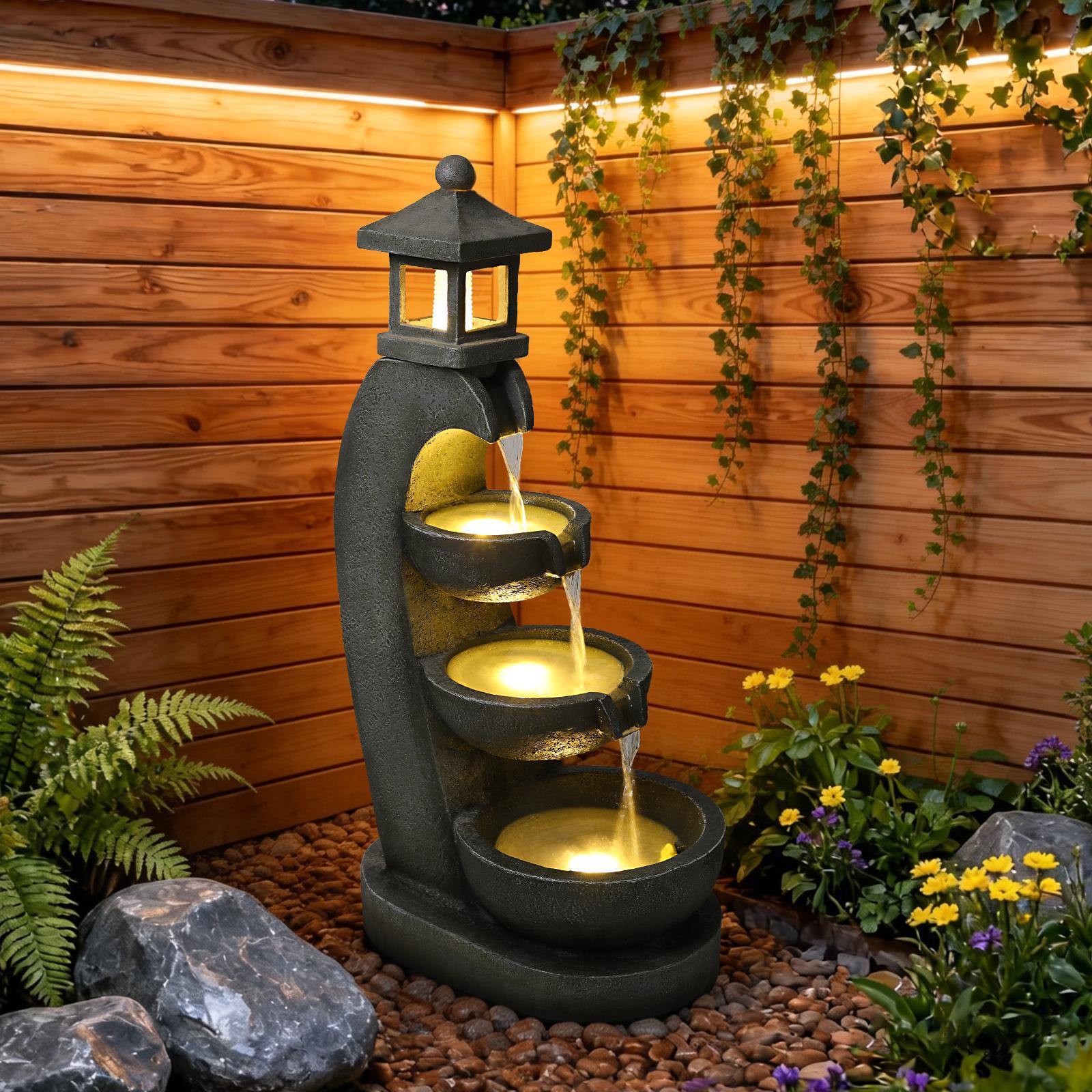 Eyisean 35.4" H Resin Outdoor Water Fountain, All-Weather Freestanding Pagoda Water Feature with LED, 3 Tier Bowl Cascading Lantern Style Garden Fountain for Porch, Home Decor Ideal Gift