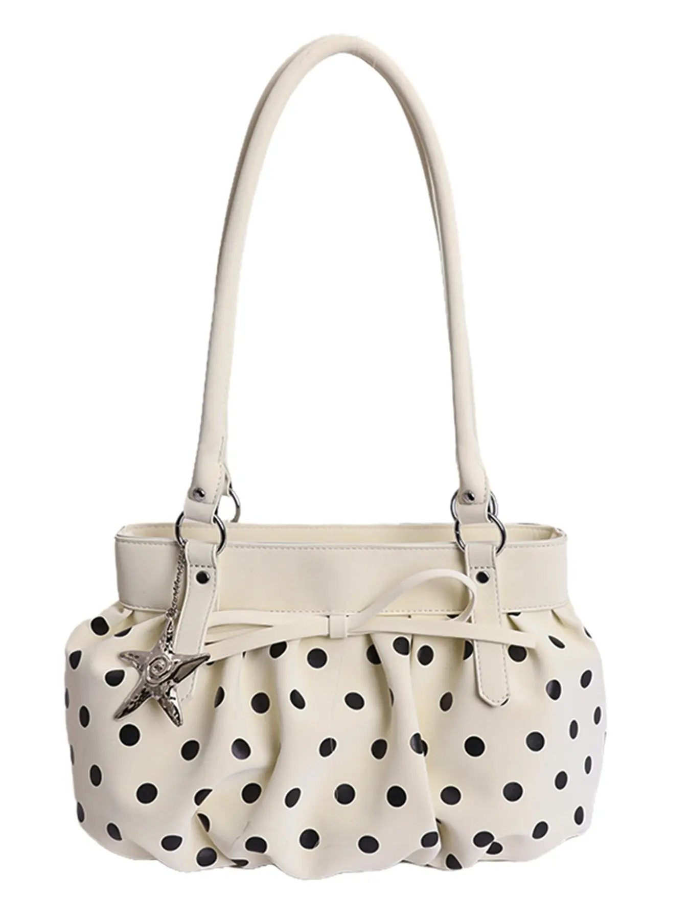 Polka Dot Bow Tote Bag for Women, Large Capacity Foldable Embellished Shoulder Bag with Star Charm, Casual Commuter Handbag