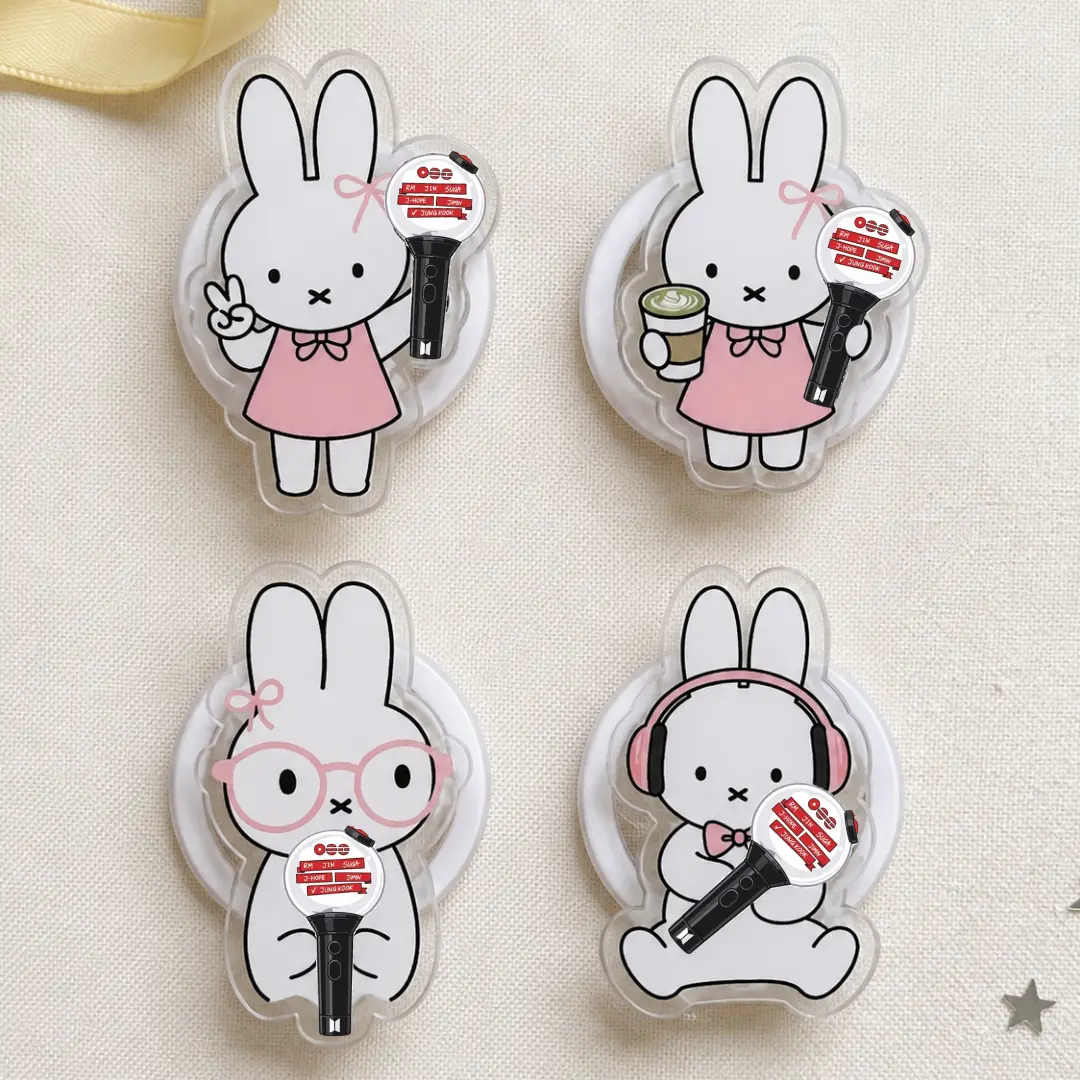 Arirang Full Set Bunny Phone Grip Stand - Cute Rabbit Acrylic Collapsible Phone Holder with Lightstick Design for All Smartphones
