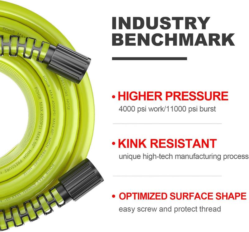 POHIR Pressure Washer Hose 50FT*1/4, Kink Free 4000 PSI Power Washer Hose M22 14/15mm Thread Compatible, Flexible Extension Hose for Cleaning Jobs