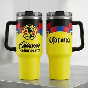 Yellow Mexico Soccer Tumbler 40oz with Handle, Stainless Steel Insulated Cup, Custom Caliente & Corona Design, Keeps Drinks Hot & Cold