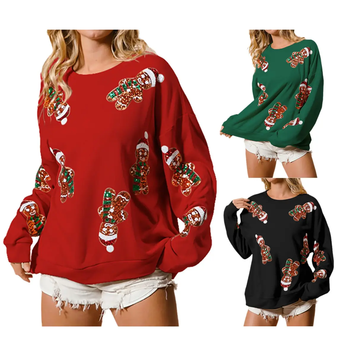 UANEO Womens Christmas Sweatshirts Funny Graphic Sequin Christmas Sweatshirt Long Sleeve Crewneck Pullover Tops