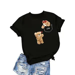 COD Women's Black Cute Teddy Bear LOVE Graphic T-Shirt - Soft Round Neck Short Sleeve Casual Top, Machine Washable All-Season Comfort Fit, Teddy Bear T Shirt, Durable Fabric Shirt