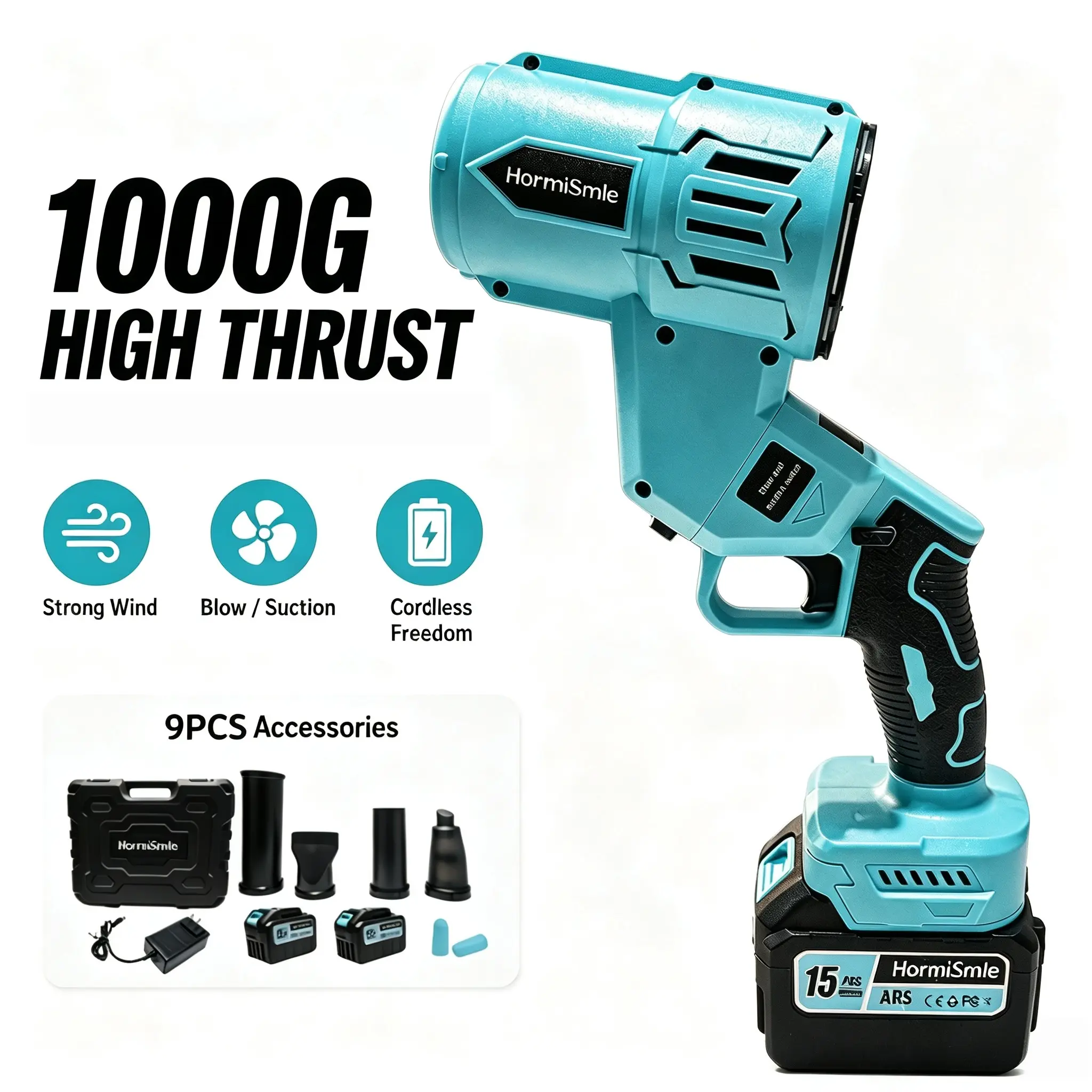 High-Thrust Cordless Leaf Blower Full Kit - 2nd-Gen Brushless Motor, Dual 15-Cell Batteries, 2 Modes, Battery Gauge - Clears Leaves, Blows Snow, Dries Cars