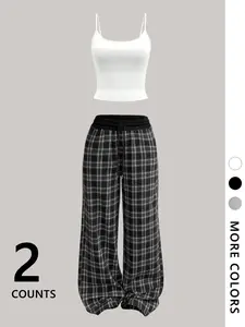 Women's Striped Sleeveless Vest Set with Loose Plaid Straight Leg Pants, Casual Comfortable Top and Pants Sleepwear, Fall & Winter Warm Pajamas Loungewear