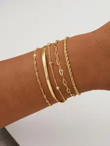 💫Chic 5Pcs Gold Chain Bracelet Stack, Dainty Herringbone, Rope & Beaded Bracelets, Minimalist Daily Wear Jewelry