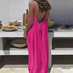 Elegant Women's Solid Cami Lounge Dress, Chic Sleeveless Maxi Slip for Summer, Aesthetic Backless Silk-like Sleepwear, Flowy Long Sundress for Home & Beach Vacation