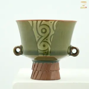 【Wood-fired Celadon Cup From Ye Chenxi】Celadon Tall-Footed Teacup｜Vintage Geometric Pattern｜Dual Ring Handles｜Handcrafted Antiqued Design｜Artisan Collectible Teaware｜For Ceramic Art Collectors