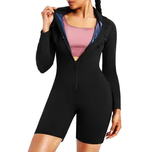 Women's body shaping + sauna sweating dual-function tummy control jumpsuit, thermal control fiber coated fabric promotes sweating and slimming, jumpsuit long sleeve shorts suitable for all seasons