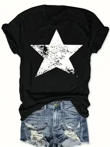 Plus Size, [Soft T-Shirt] Soft Breathable Women's Casual Short Sleeve Crew Neck T-Shirt |   Black & White Cartoon Star Graphic, Relaxed Fit, Machine Washable, Allseason Apparel