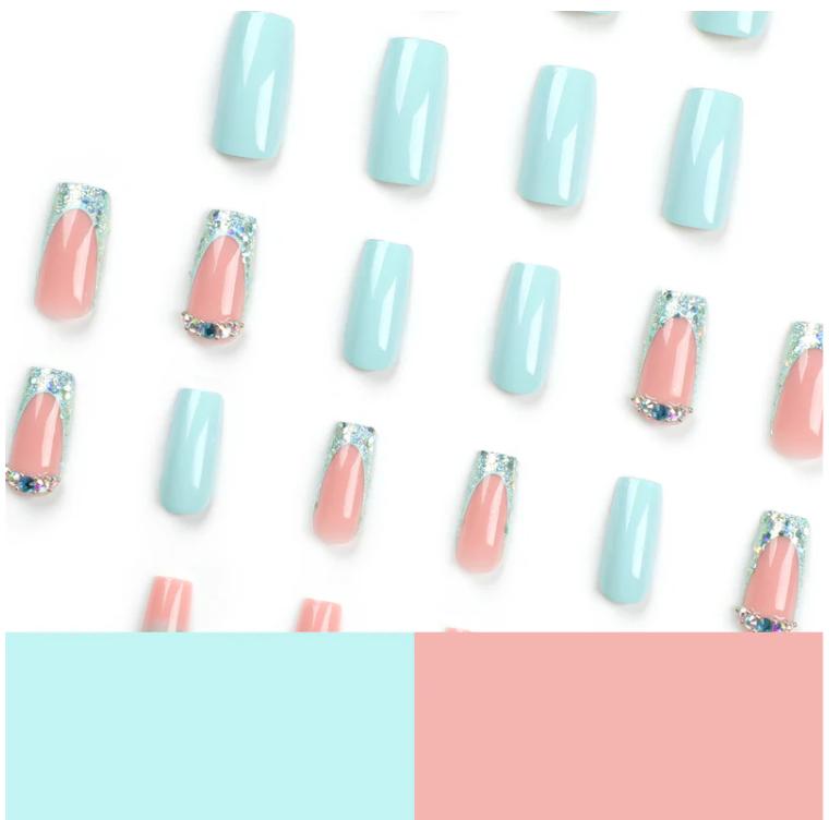 Blue French Tip Press On Nails | CurvLife Nail | 30pcs Medium Square Fake Nails | Crystal Glitter Accent Design | Easy Apply, Comfortable & Durable | Daily, Business & Party Nail Art