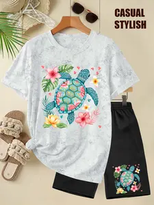 Women's Washed Two-Piece Set (T-Shirt + Shorts), Tropical Floral Turtle Print, Multiple Colors Available, Machine Washable, Spring & Summer, Soft Skin-Friendly Fabric, Daily Versatile, Fashion Design