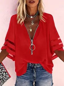 A women's solid color mesh spliced loose casual V-neck zipper shirt with half-bell sleeves, Blouse suitable for summer, daily casual wear, an Top