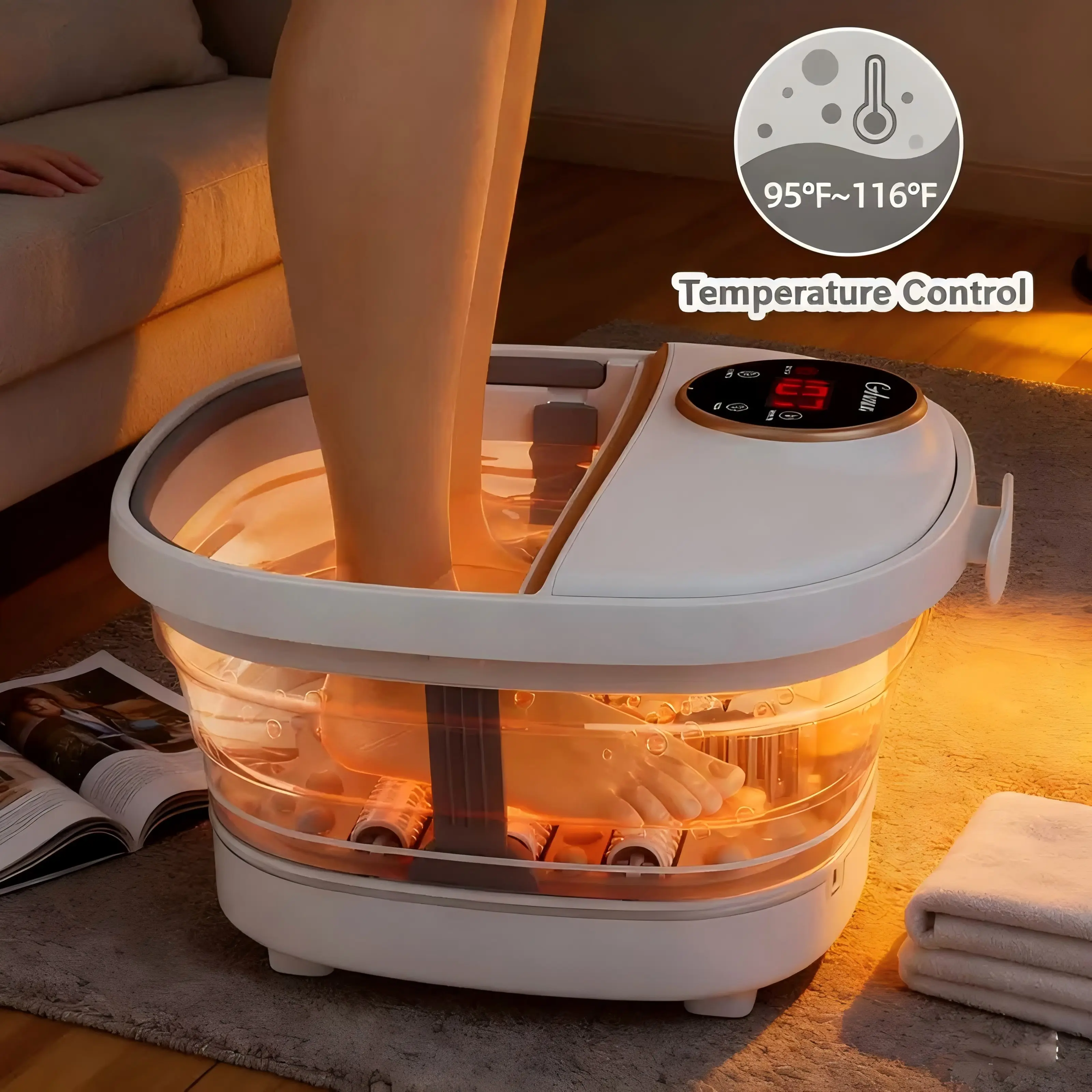 Gehona Foldable Foot Spa Bath with Heat & Bubble Massage, Collapsible Foot Soaking Tub with Temperature Control, Timer, 6 Massage Rollers, Red Light, Portable Foot Bath for Home