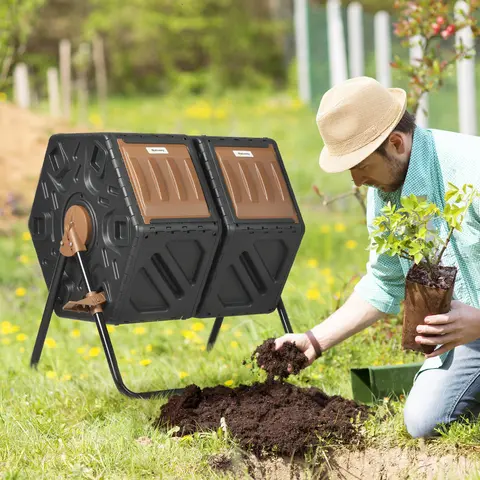 Outsunny 34.5 Gal 2-Chamber Cycle Composting Tumbler Bin - Outdoor Bin with 24 Vent Openings, 360° Tumbling Mix, Hands-Free Mixing, Steel Frame, Steel Legs, Large Capacity Handles Garden Waste