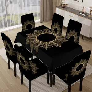 Gold Sun Pattern Tablecloth Chair Set, European Luxury Dining Room Decor, 5 Piece/7 Piece Set, Easy to Remove, Indoor Outdoor Use