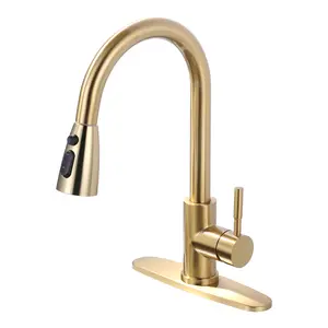 WOWOW Brushed Gold Kitchen Faucet with Sprayer, Stainless Steel Kitchen Sink Faucet High Arc Single Handle Kitchen Faucet for Sink 1 or 3 Hole