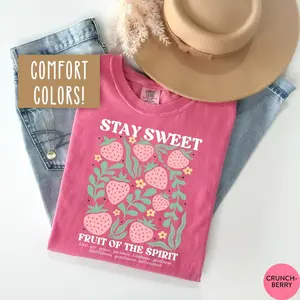 Comfort Colors Boho Christian Strawberry Shirt, Playful Fruits of the Spirit Graphic Tee, Aesthetic Bible Verse Strawberry Top, Trendy Retro Jesus Apparel, Premium Garment Dyed Cottagecore Floral Shirt, Boutique Faithful Strawberry Patch Gift Tee