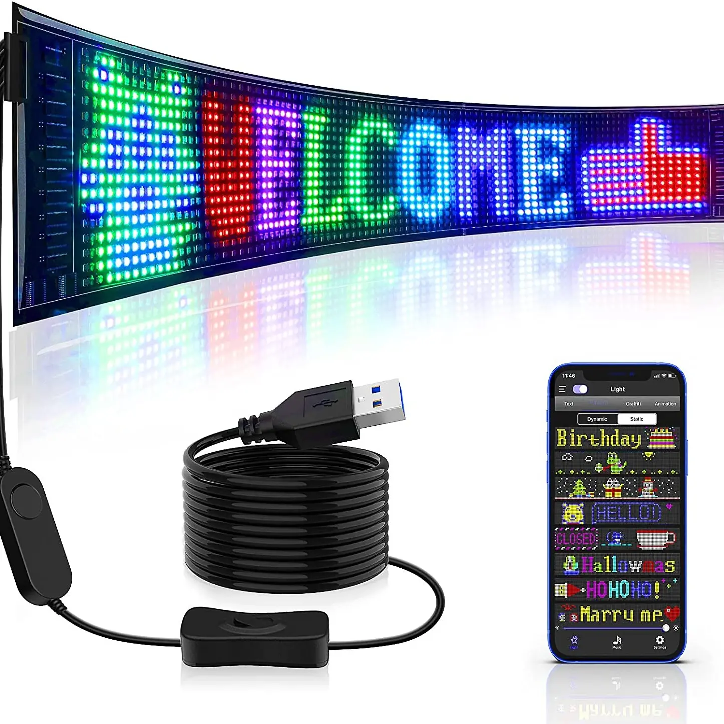 Flexible LED Pixel Screen, RGB Matrix Display, Scrolling Bright Advertisement Sign, USB 5v Car Sign with Bluetooth-compatible APP Control, Led Lights