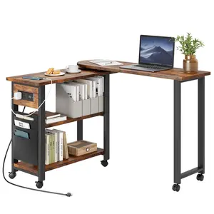 Rotating Side Table Swivel End Table with Charging Station and Extra Storage Bag, Movable End Table with 6 Brake Wheels for Bedroom Living Room