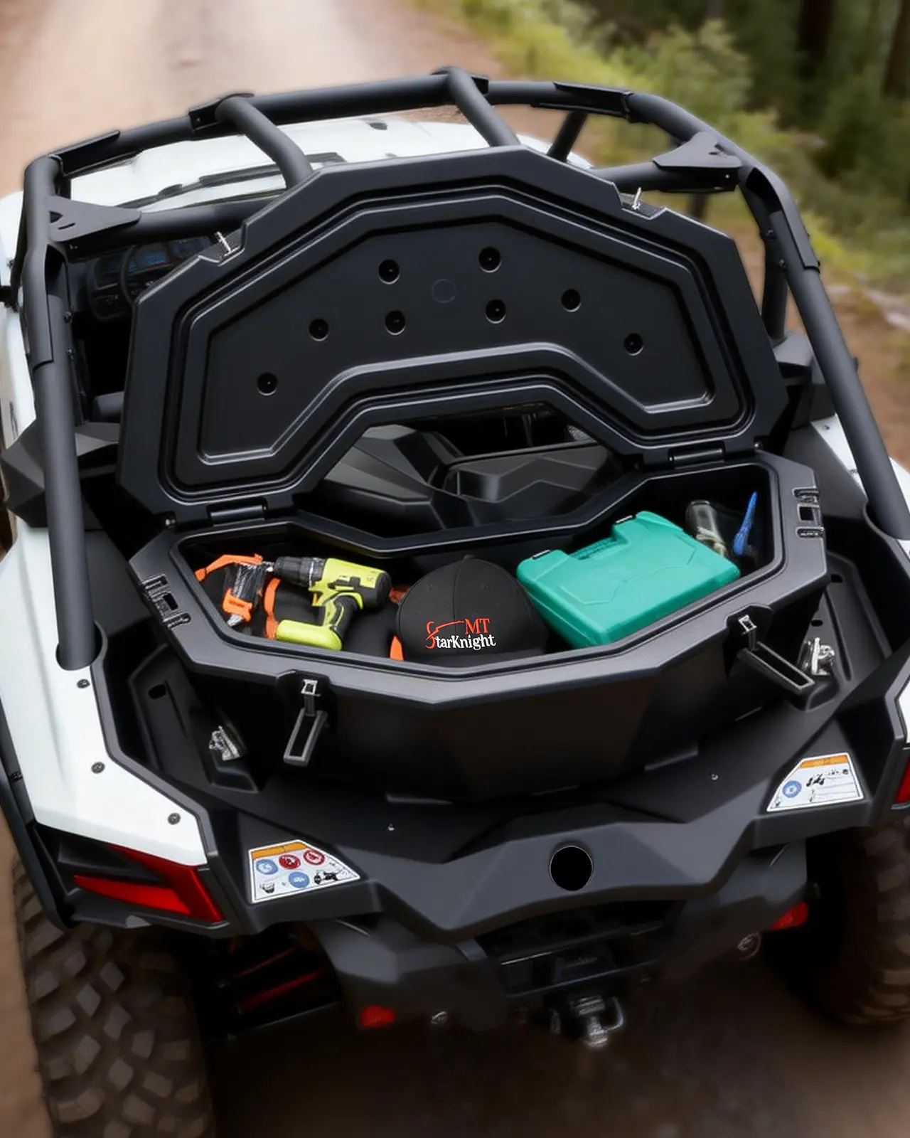 StarknightMT X3 Rear Storage Cargo Box - 8GAL Waterproof Polyethylene Off-Road Gear, Drop-In OEM Replacement #715004778 with Mounting System, Fits Maverick X3, Outlander (Except 6x6), Renegade, Curved Shape