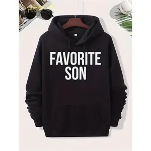 Men's Funny Favorite Son Graphic Hooded Sweatshirt - Family Matching Outfits, Soft Stretch Knit Hoodie with Kangaroo Pocket, Black/White Lettering, Casual Pullover for Dad & Son, Machine Washable Gift Apparel