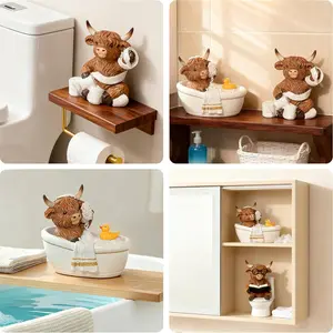 Highland Cow Resin Figurine, Cute Cartoon Desktop Ornament, Creative Home Bathroom Tabletop Decor, Unique Gift for Living Room Bedroom Farmhouse Decoration