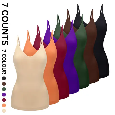 Solid Seamless Adjustable Strap Tank Tops for Women Tummy Control Shapewear Body Shaper Workout Multicolor Vest Camisole Cami Tops 7 Counts 7 Colour - Style