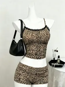 New Summer Autumn Women's Cute Casual Leopard Print Sexy Ruffle Pajama Set, Slim-Fitting Sleepwear for Ladies, Comfortable Nightwear