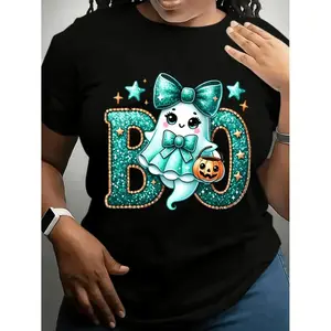 Plus Size Women's Halloween Tee Featuring Adorable Pumpkin Graphic for Casual Wear and Celebrations