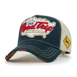 ililily Premium ROAD TRIP Map Embroidery Trucker Hat Vintage Style Baseball Cap