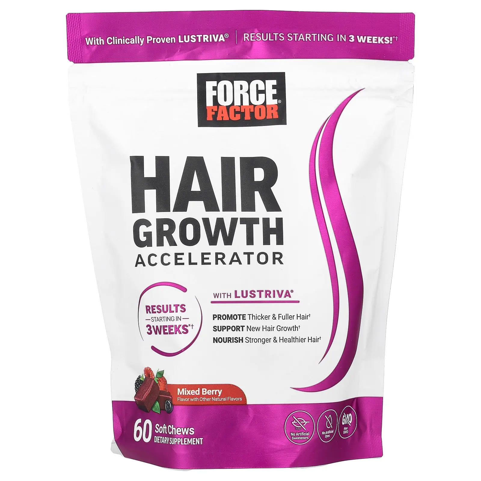 Force Factor Hair Growth Accelerator, Mixed Berry, 60 Soft Chews