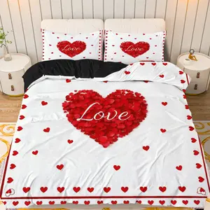 3PCS Duvet Cover Set, 1 Duvet+2 Pillowcases(Without filler), No Filler Included, Love Heart Romantic Red Valentine theme, Valentine bedding set, Red Heart Romantic Suitable for decoration Bedroom, Hotel, Guestroom, Apartment.