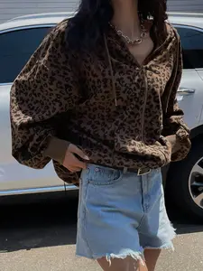 Women's Vintage Corduroy Leopard Print Long Sleeve Hooded Zipper Jacket Outerwear, Oversized Casual Drawstring Top, Perfect for Spring Vacation and Work