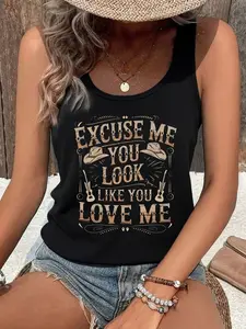 Women's Sassy Floral Western Tank Top, Novelty Graphic Print Sleeveless Lady Blouse For Country Concert Outfits And Boho Summer Casual Wear Womenswear