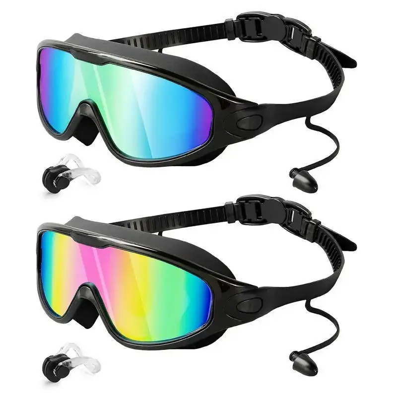 2 Pack Swim Goggles with Waterproof Earplugs & Nose Clip for Adults/Kids, Anti-Fog Full-Coverage 180 ° Wide View Swim Goggles, Bright Multicolor UV