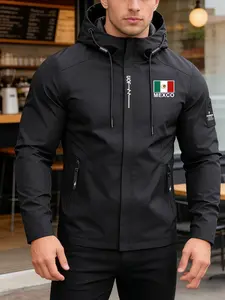 Men's Casual Sporty Hooded Jacket, Mexican Flag Print, Classic Fashion Trend, Outdoor Streetwear, Spring & Fall, Zippered Jacket