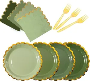 Green mix scalloped party plates with napkins and fork gold foil border, 24 Guest disposable Tableware Set Sage Green Party Decoration for Birthday Coquette Bridal Baby Shower Valentines