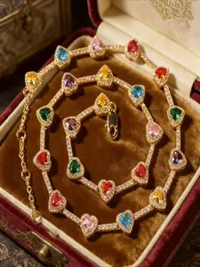 Rainbow Heart Full Diamond Necklace for Women Colorful Crystal Sweet & Luxury Jewelry Trendy Aesthetic Gift for Her Party & Daily Wear