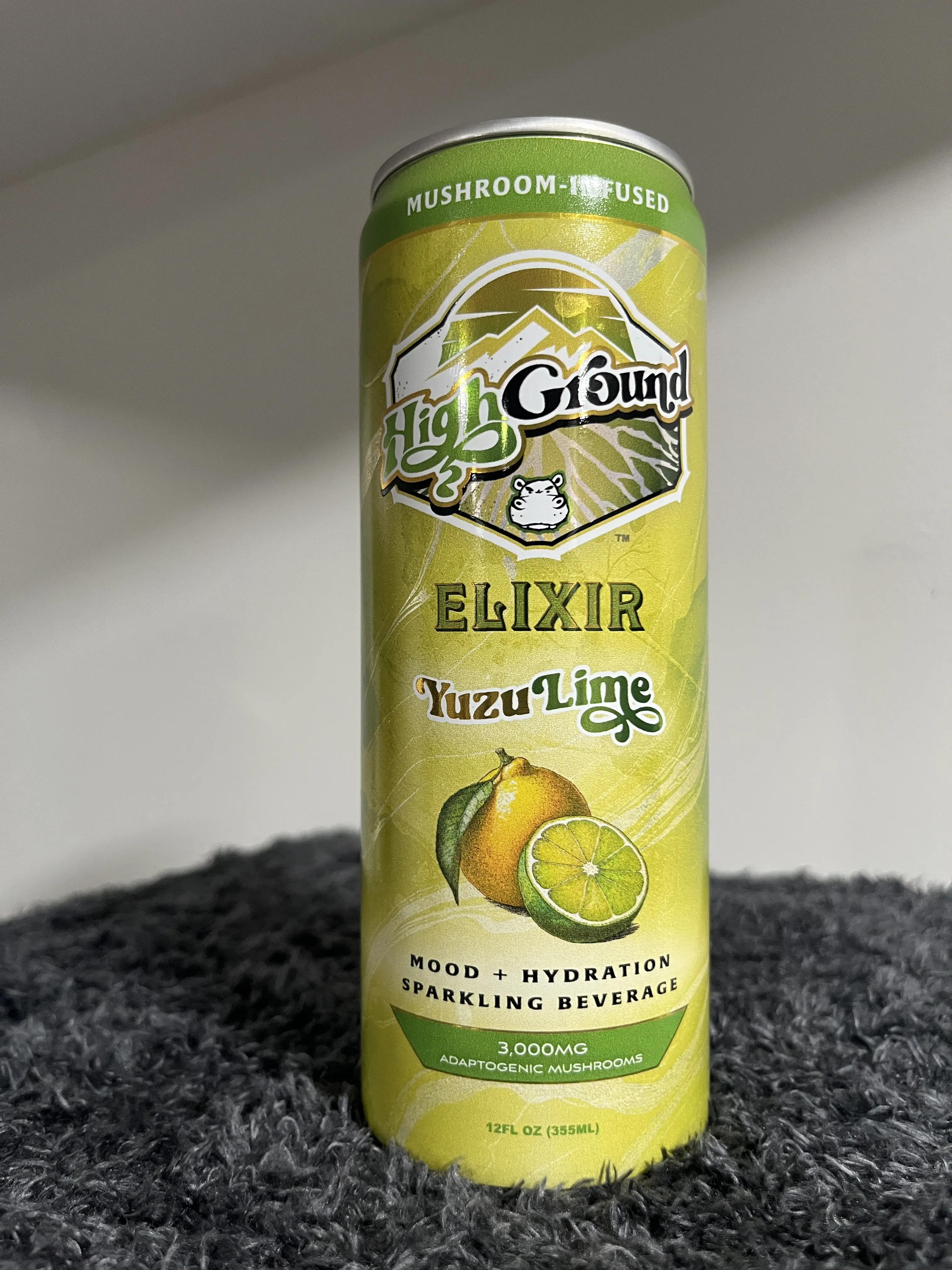 High Ground Elixir Natural Fruit Mushroom Seltzer Beverage - Yuzu Lime Flavor, 12oz Fizzy Drink