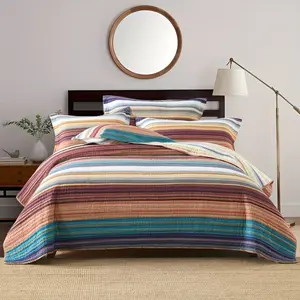 3pcs Colorful Striped Print 100% Cotton Quilt Set - Soft And Comfortable All Season Bedding For Bedroom And Guest Room, Lightweight Boho Bed Cover (1 Quilt + 2 Pillowcases)