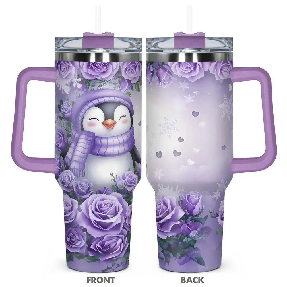 Cute Penguin Print 40oz Insulated Tumbler with Lid, Durable Stainless Steel Water Bottle Daily Travel Drink Cup