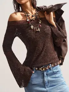 Spring Outfit Glamine Bohemela Boho Vintage Casual Solid Color Knit Lace Off Shoulder Flare Sleeve Fitted Women Top for Stylish Daily Wear