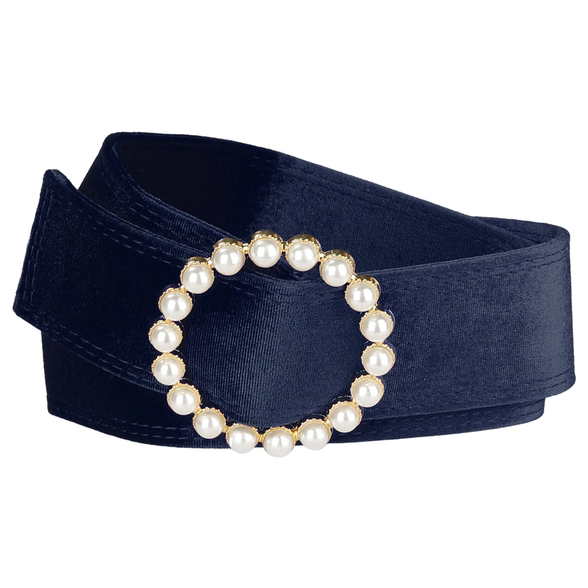 INSPIRE CHIC Women's Faux Pearl Buckle Waist Belt Retro Velvet Wide Cinch Belts Waistband for Dress 65-82cm/25.59-32.28" Navy Blue