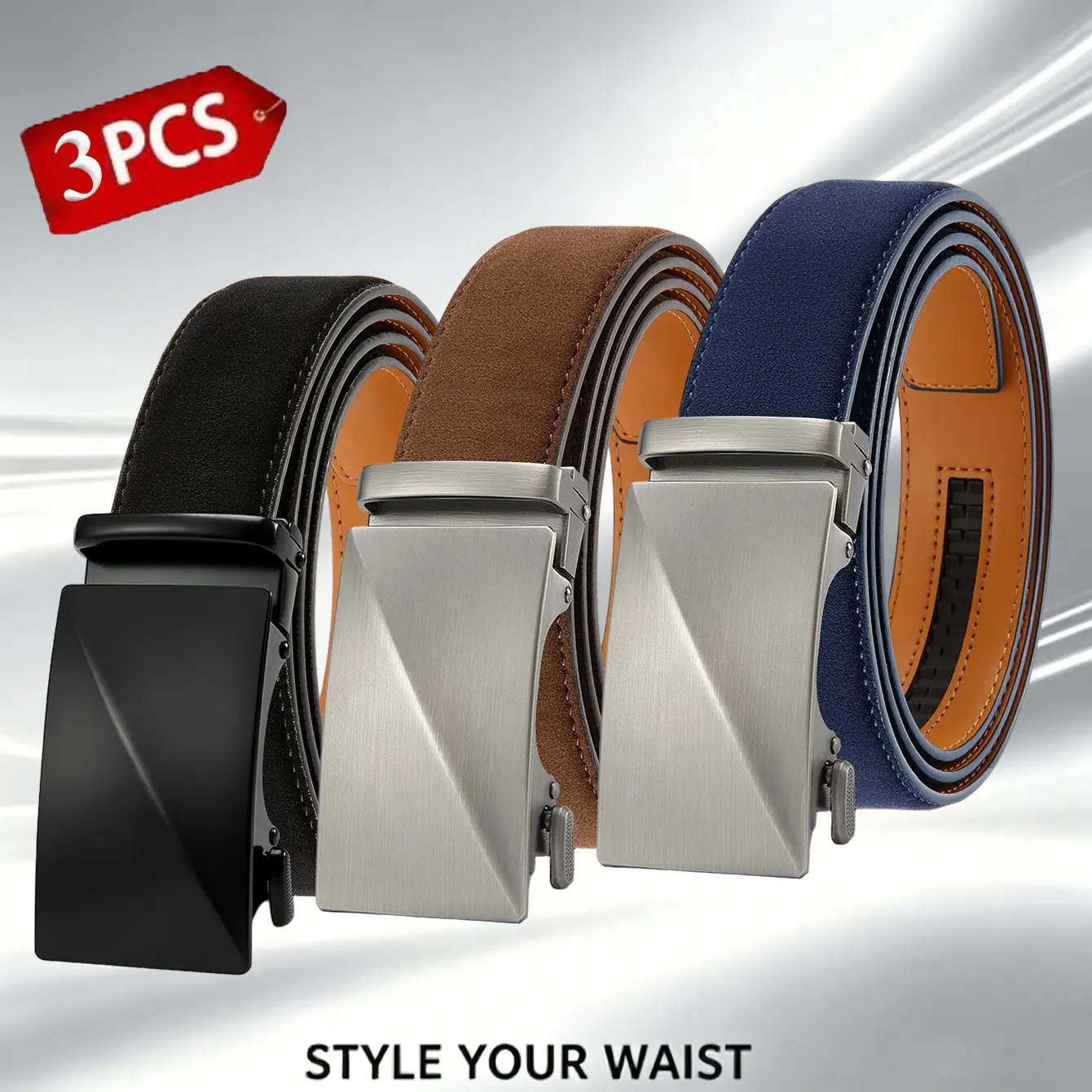 Men’s 3PCS Genuine Leather Ratchet Belts - Adjustable 1 Size (Cut-to-Fit Length) for Jeans